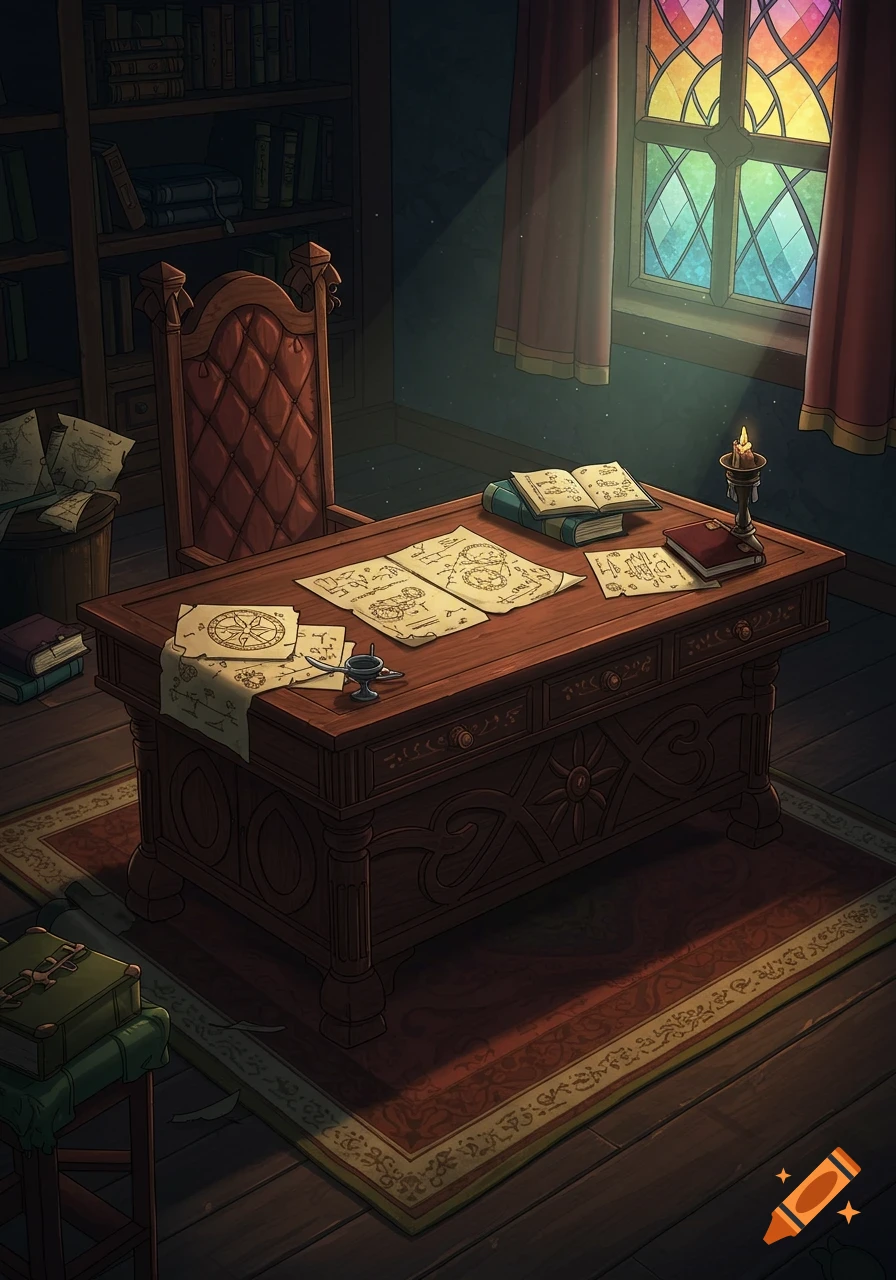 Anime-style study with a wooden desk, old maps, books, an ornate chair, and a colorful stained-glass window.