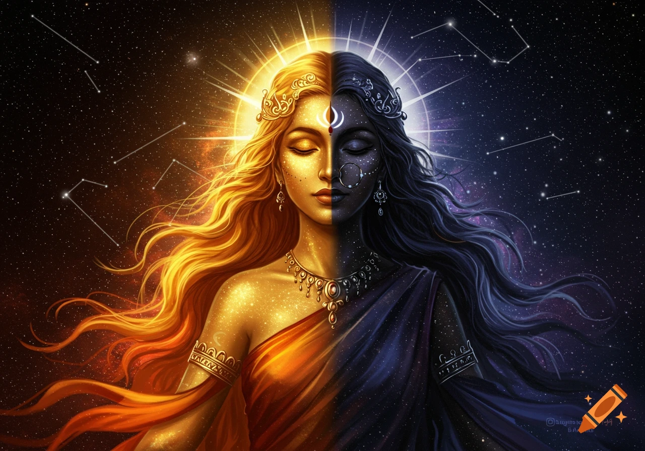 A beautiful goddess figure, split vertically into a golden, bright sun half and a dark, starry night half, against a cosmic background.