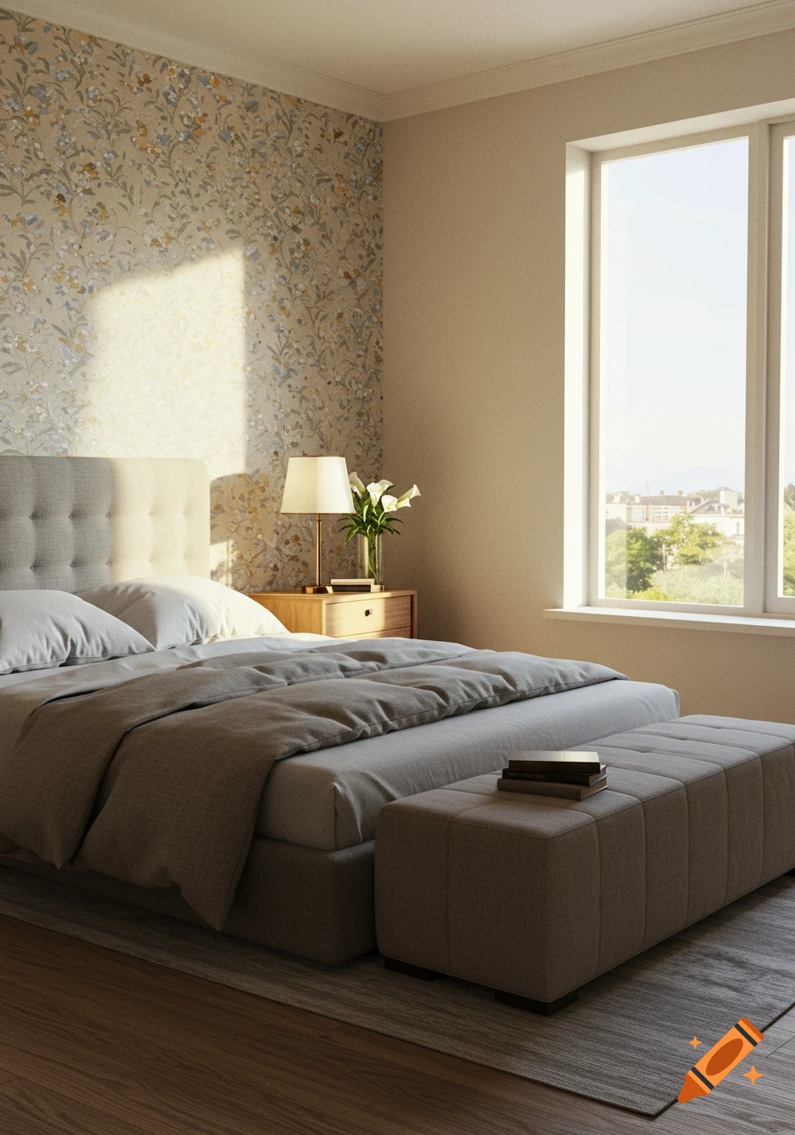 Photorealistic bedroom with grey bed, floral wallpaper, lamp, flowers, and a bench by a large window.