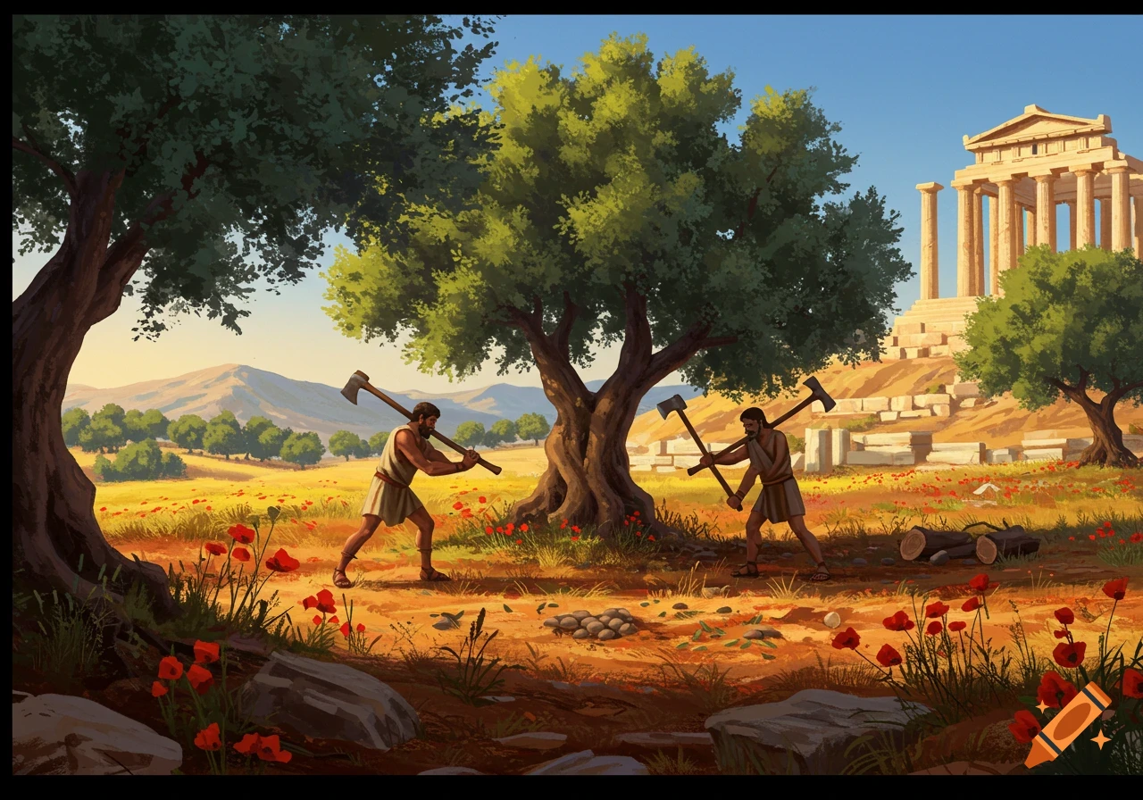 Two men in ancient Greek attire chop trees in a vibrant rural landscape with an ancient temple in the background, in an illustrative style.