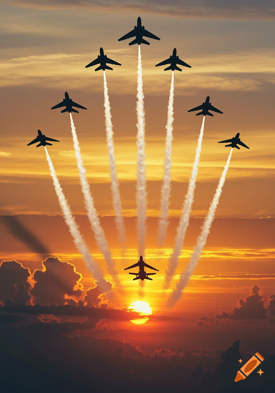 Silhouettes of multiple airplanes performing a flypast with smoke trails against a vibrant orange and yellow sunset sky.