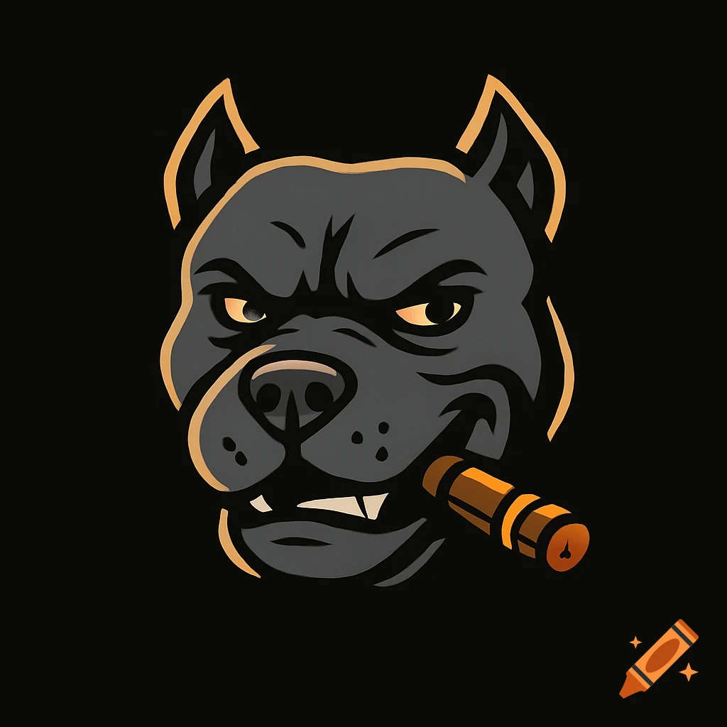A stylized black pitbull head with angry yellow eyes and a cigar in its mouth, set against a black background.
