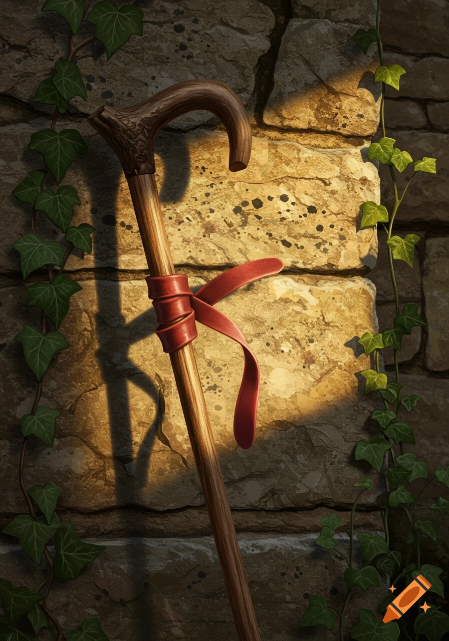 A wooden walking stick with a red ribbon tied around it leans against a textured stone wall covered in ivy. Sunlight illuminates part of the wall.
