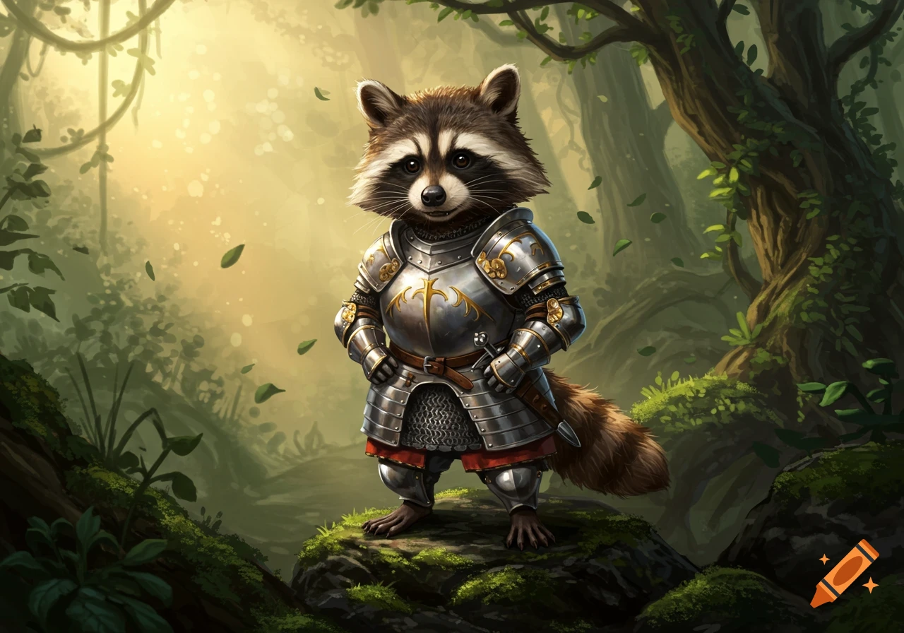 A cute raccoon wearing shining silver and gold armor stands heroically on a mossy rock in a sun-dappled fantasy forest.