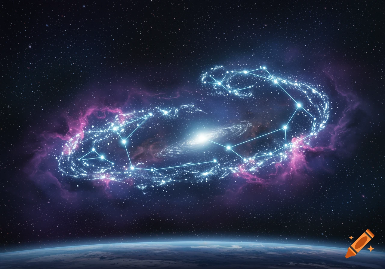 A luminous constellation with a galaxy at its center, set against a dark starry sky with pink and purple nebulae, seen above a planet's horizon.