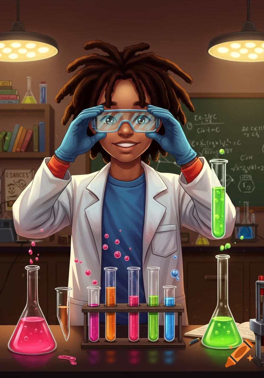 A smiling Black boy with dreadlocks and safety goggles in a lab coat and blue gloves stands in a science lab with colorful beakers and test tubes.