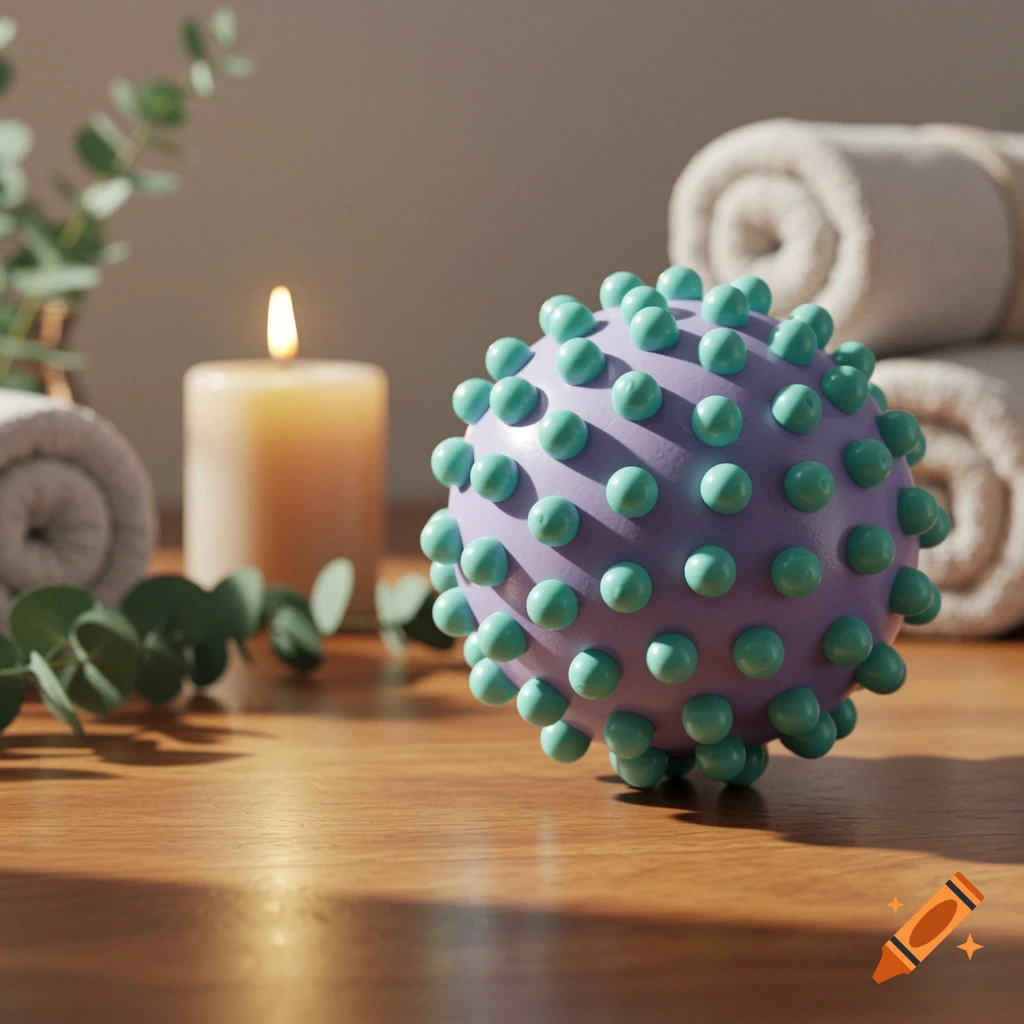 A purple massage ball with green nubs sits on a wooden surface, with a lit candle, eucalyptus branches, and rolled towels in the blurred background. Photorealistic.