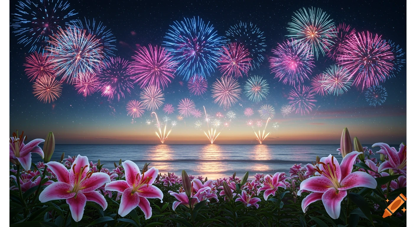 Vibrant pink and blue fireworks explode over a serene ocean at dusk, framed by pink and white stargazer lilies in the foreground.