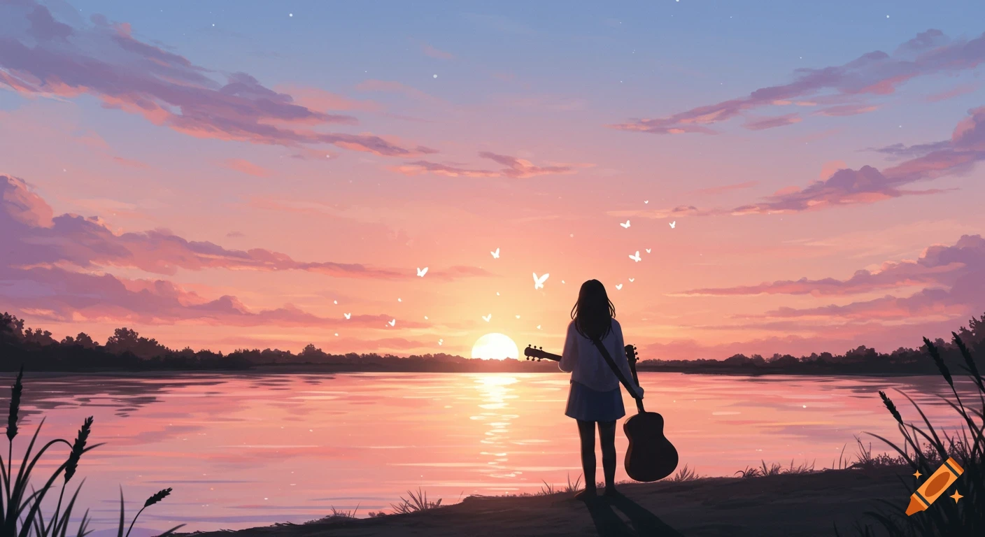 Digital art of a woman's silhouette holding a guitar by a lake at sunset with pink and orange clouds and white butterflies.