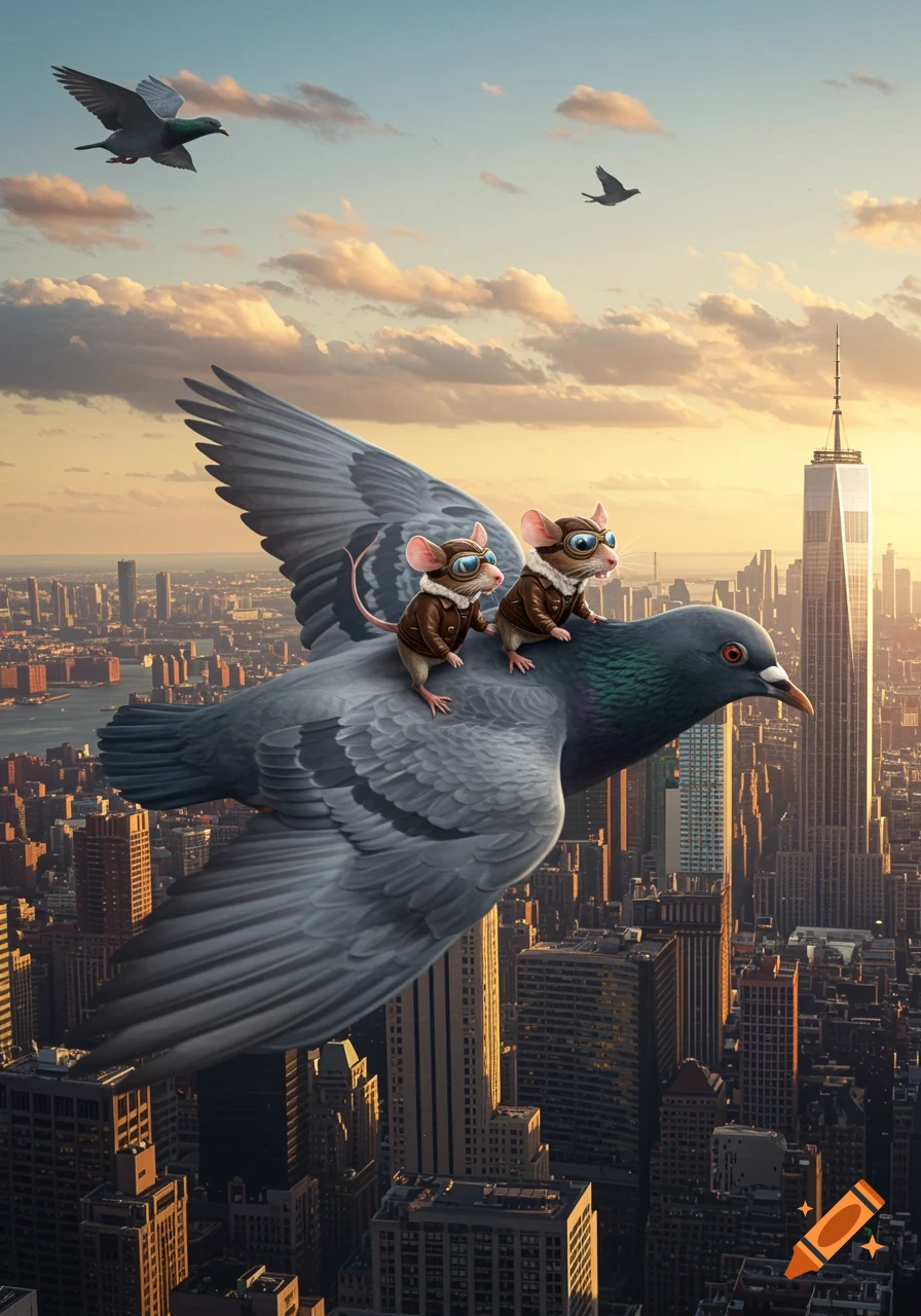 Two cartoonish mice wearing pilot jackets and goggles ride on the back of a large pigeon flying over the Manhattan skyline at sunset.