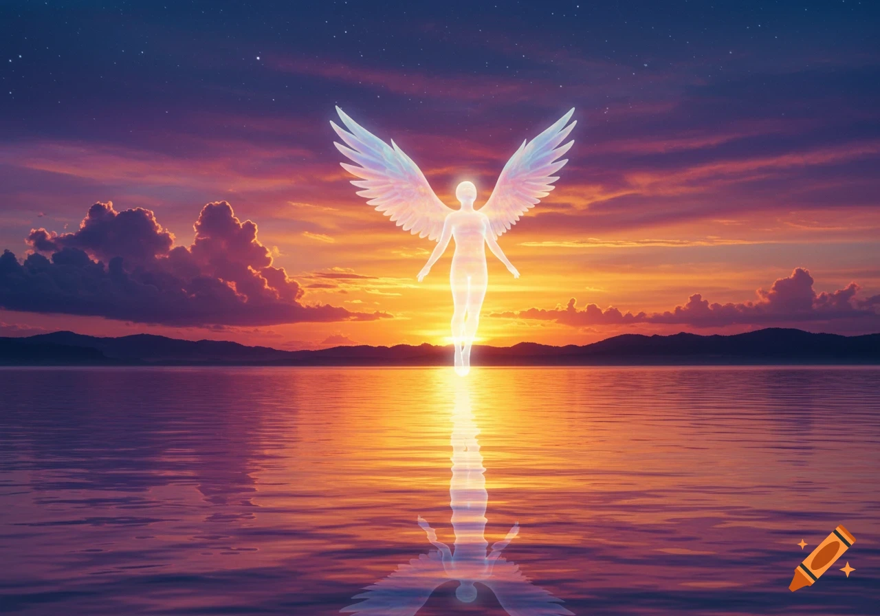 A glowing, ethereal angelic figure with large wings floats above water at a vibrant sunset.