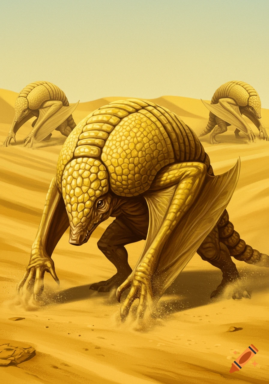 Three golden, armadillo-bat-like creatures with digging wings and segmented exoskeletons in a sandy desert.