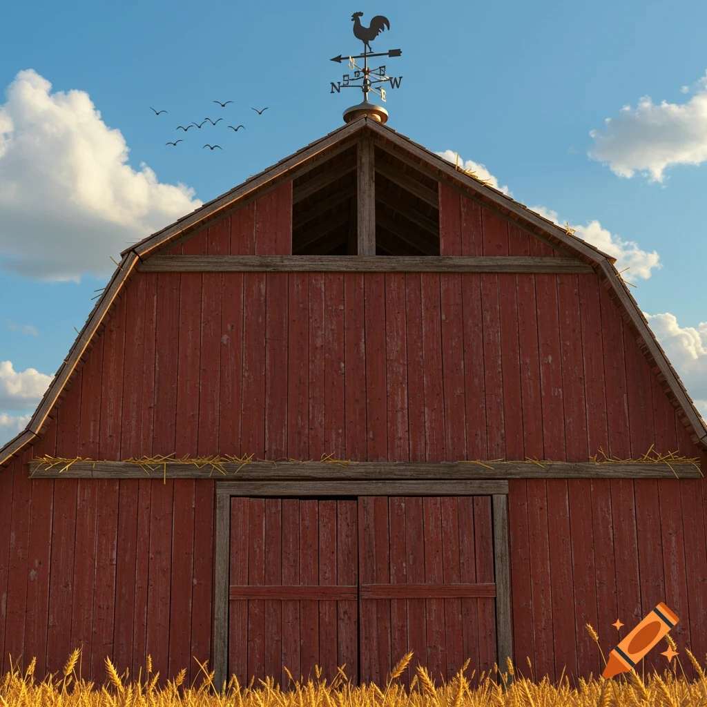 A rustic red barn with a weathervane under a blue sky, surrounded by golden wheat fields.
