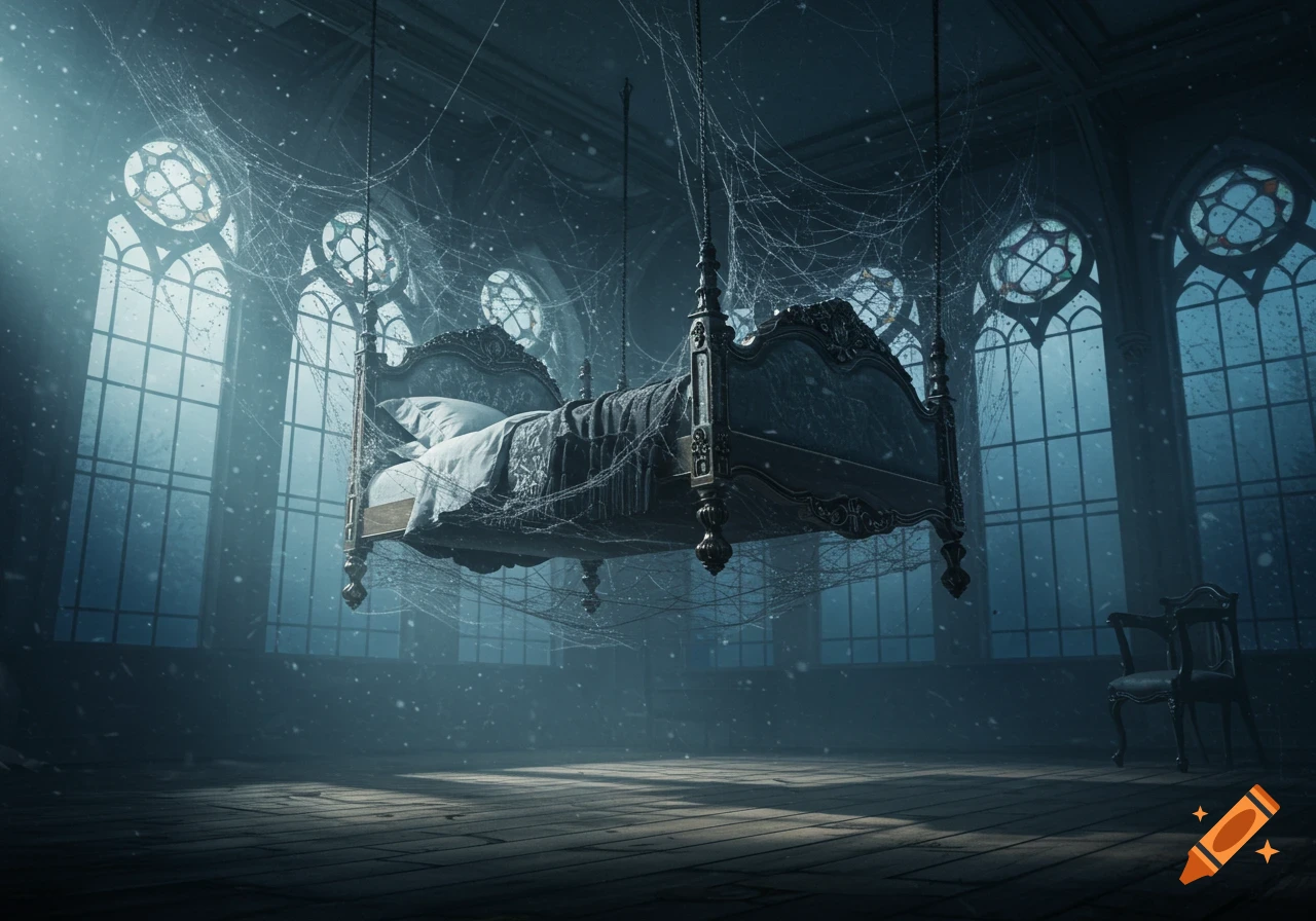 A gothic bed hangs by intricate spiderwebs in a dark, dusty, abandoned room with large arched windows.