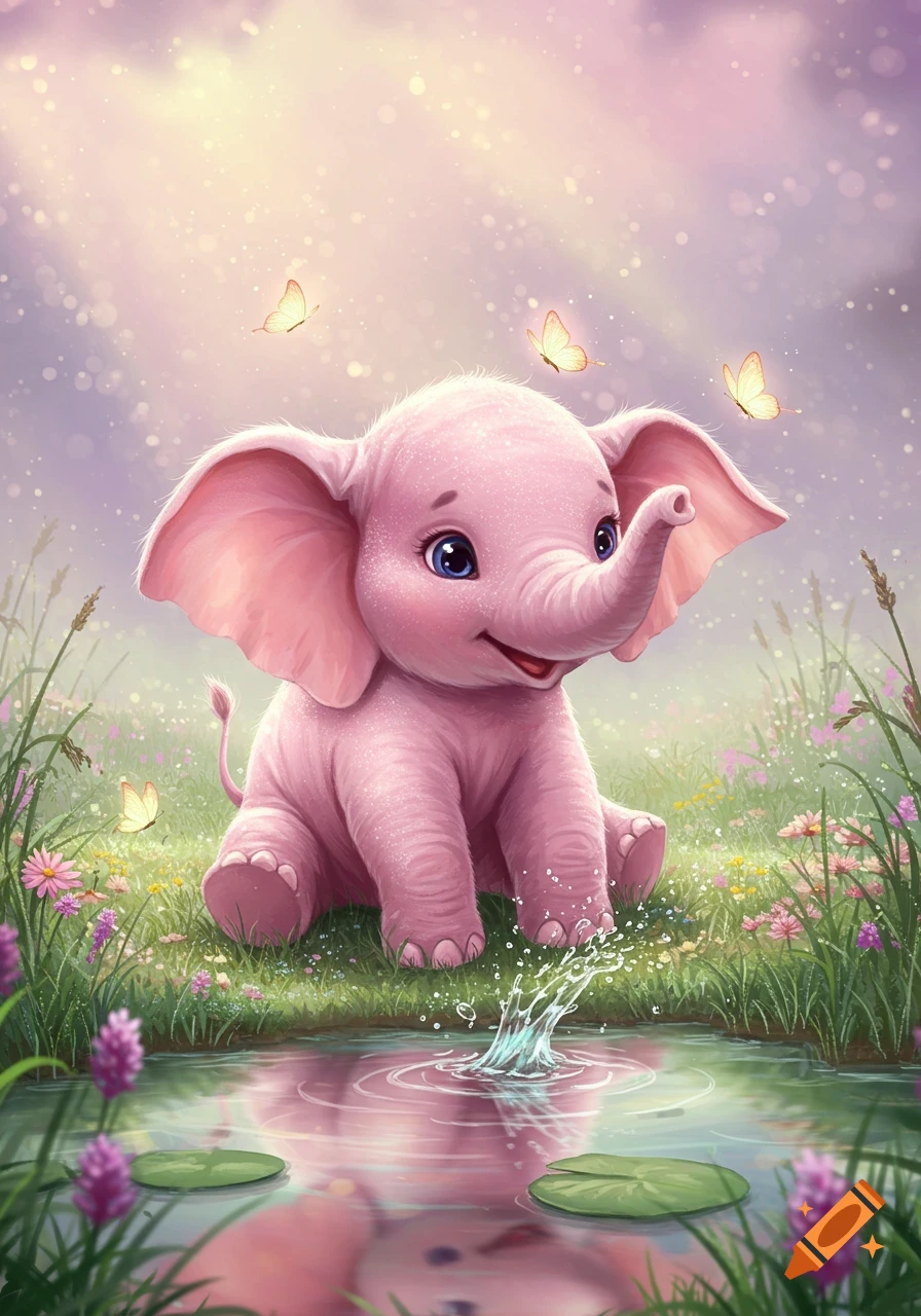 A cute, smiling pink baby elephant sits in a field of colorful flowers, splashing water in a pond, with butterflies flying around.