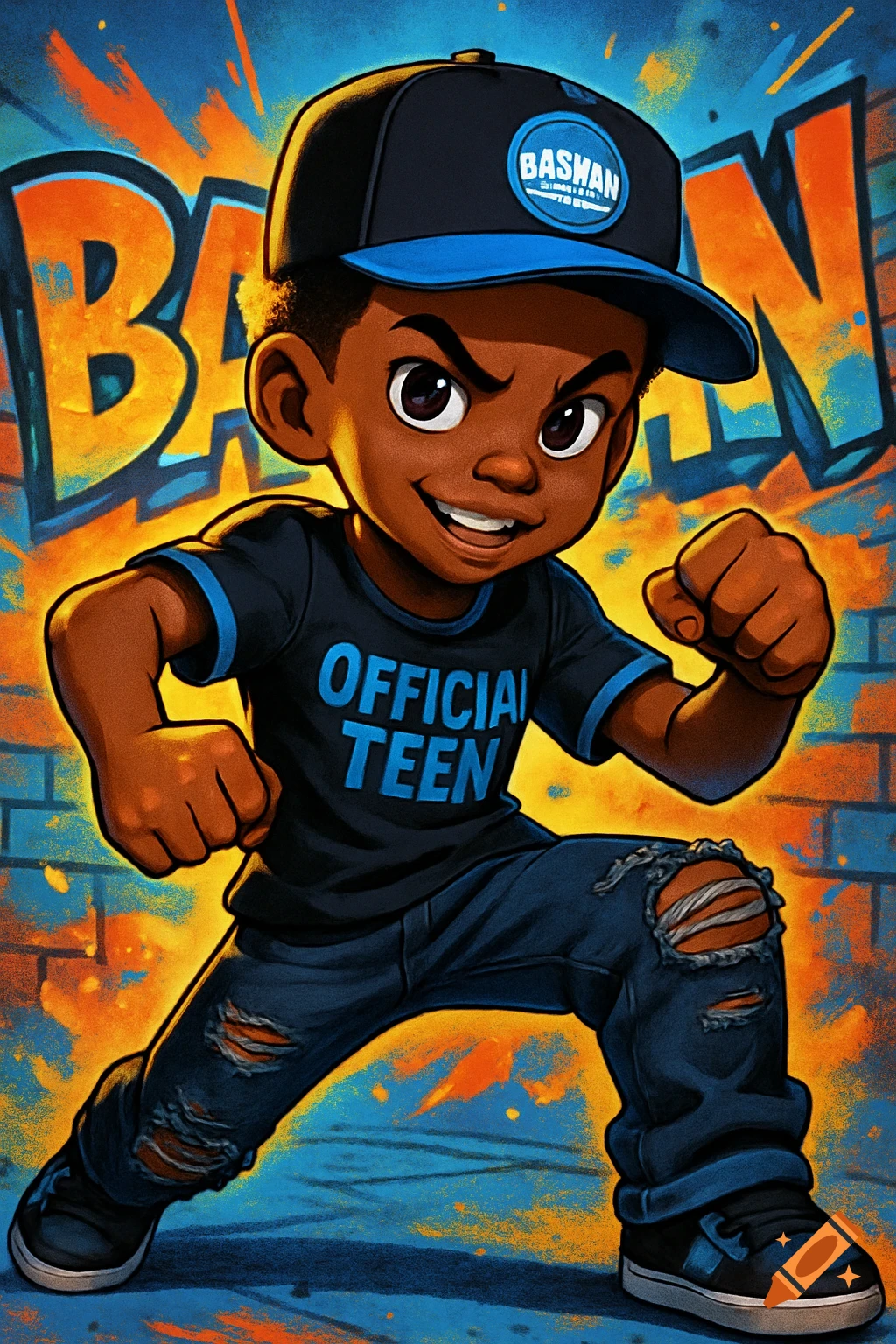 A cartoon anime boy in hip-hop fashion with a black cap and t-shirt that says 'OFFICIAL TEEN', posing in front of graffiti.