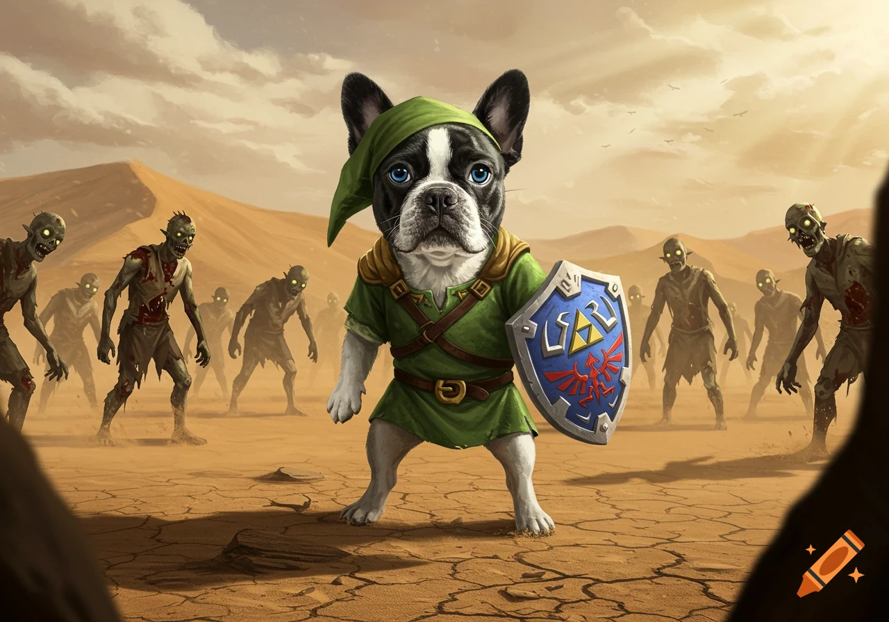 A black and white French bulldog dressed as Link from Zelda, holding a shield, stands in a desert facing a horde of zombies.