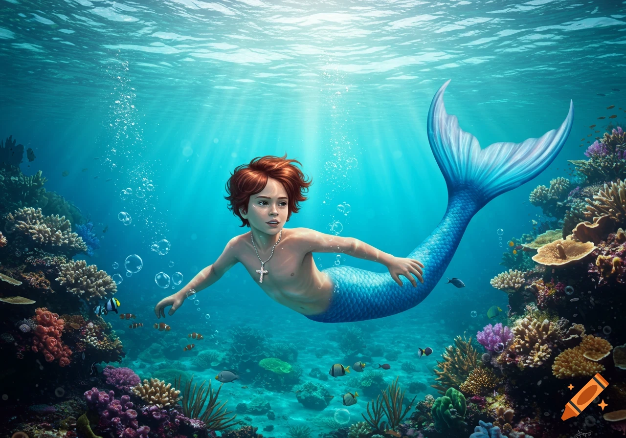 A merman with red hair and a blue tail swims in a vibrant coral reef, wearing a cross necklace.