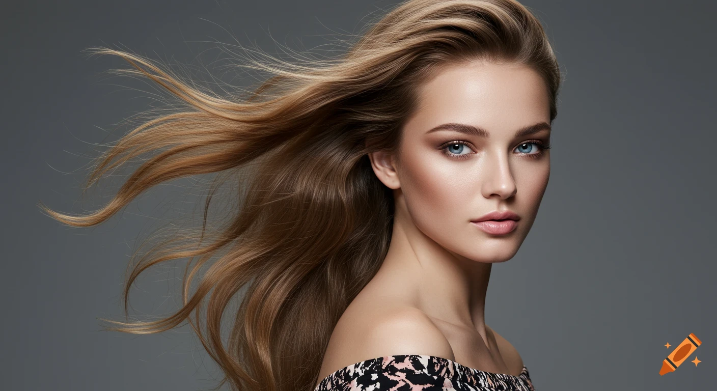 A close-up studio portrait of a woman with long, flowing light brown hair and blue eyes, against a gray background.