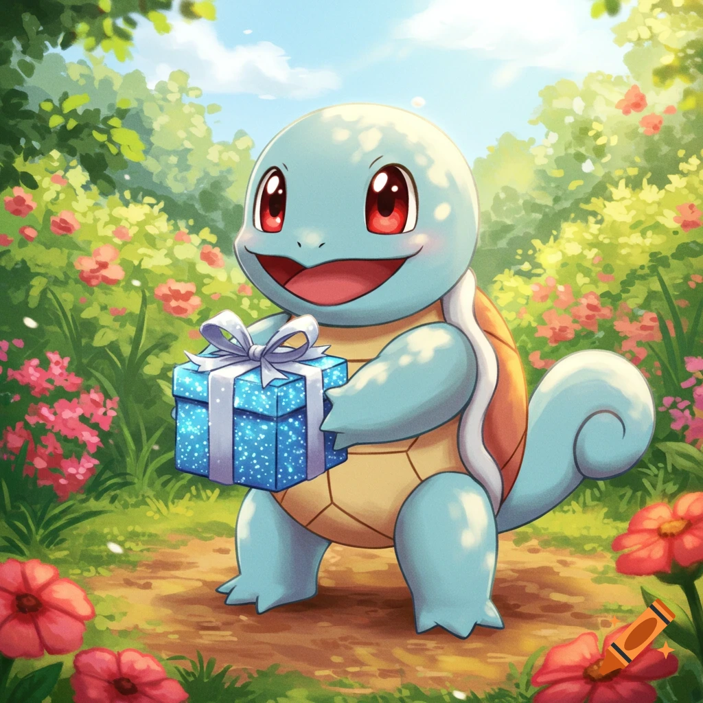A cheerful Squirtle holds a sparkling blue gift box in a vibrant, flower-filled garden in an animated illustration.