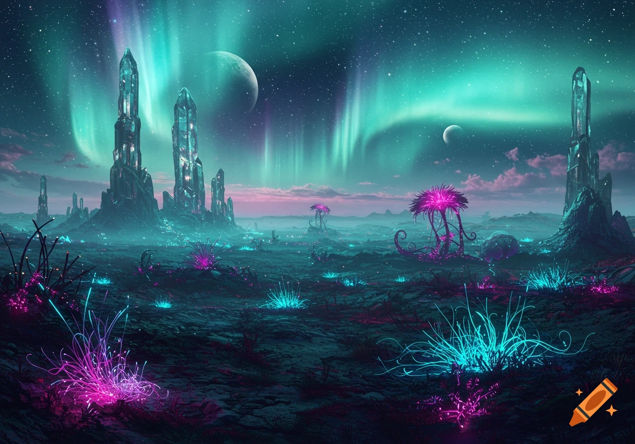 Vibrant alien landscape with tall glowing crystal formations, luminous pink and blue flora, under a teal and purple aurora sky with multiple moons.