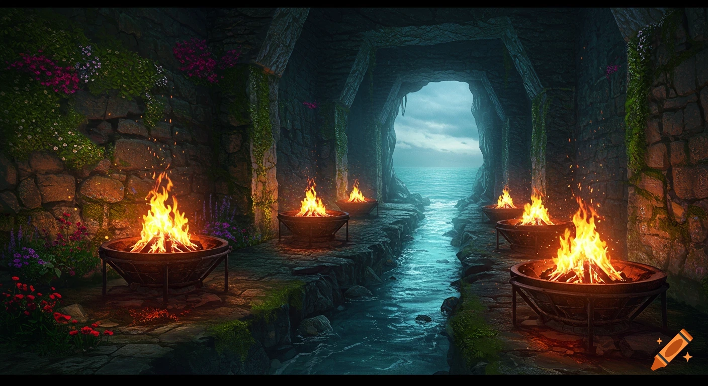 An ancient stone chamber with moss-covered walls and vibrant flowers, lit by roaring fire pits along a stream flowing out to the ocean.