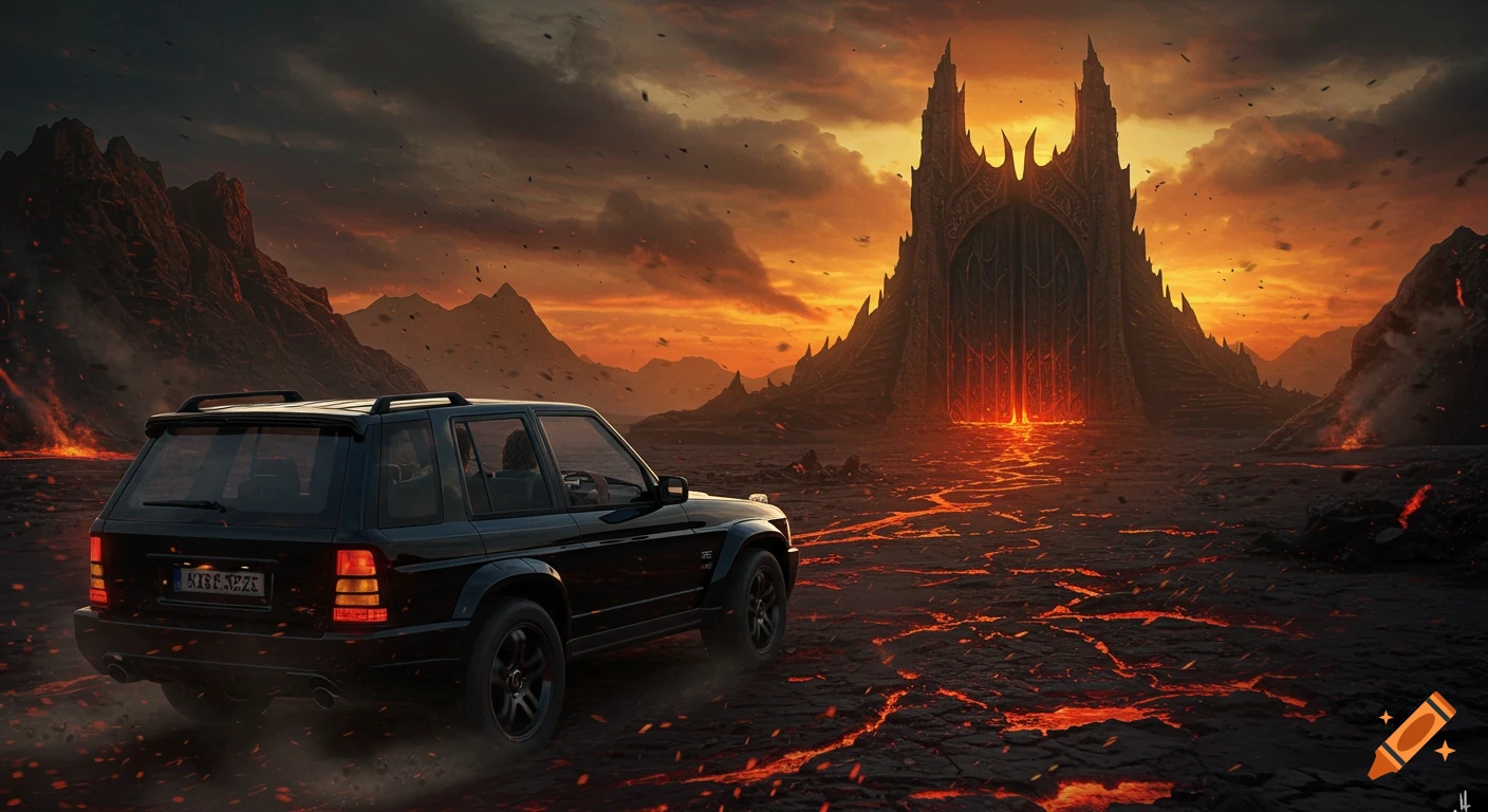 Black SUV drives through a volcanic, fiery landscape towards an ominous fortress gate under an orange sky, resembling Mordor.