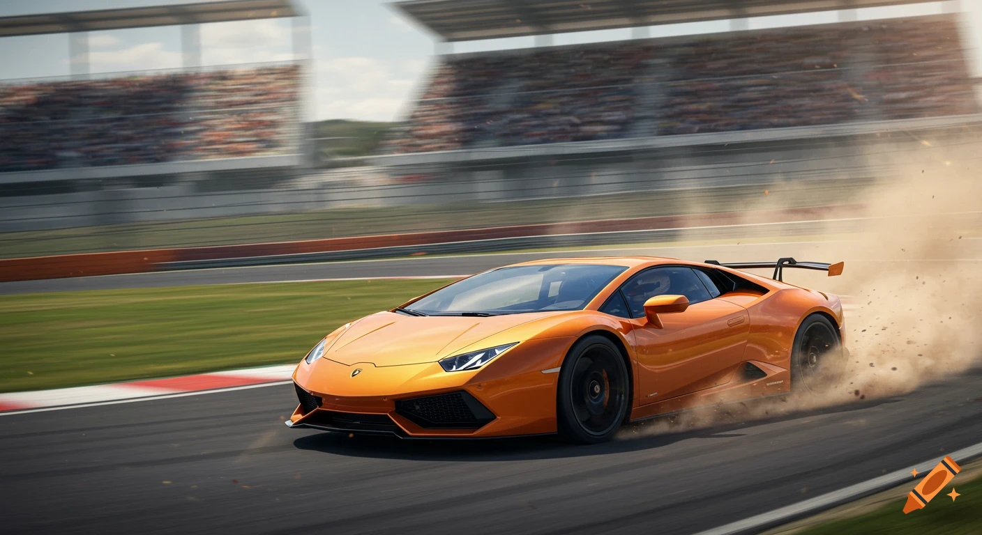 An orange Lamborghini sports car speeds around a race track, kicking up dust with spectators in the background.