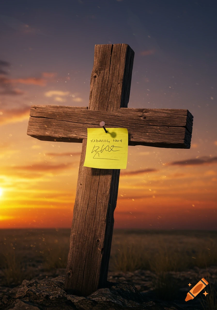 A rustic wooden cross with a yellow sticky note nailed to it stands on rocky ground against a vibrant sunset sky.