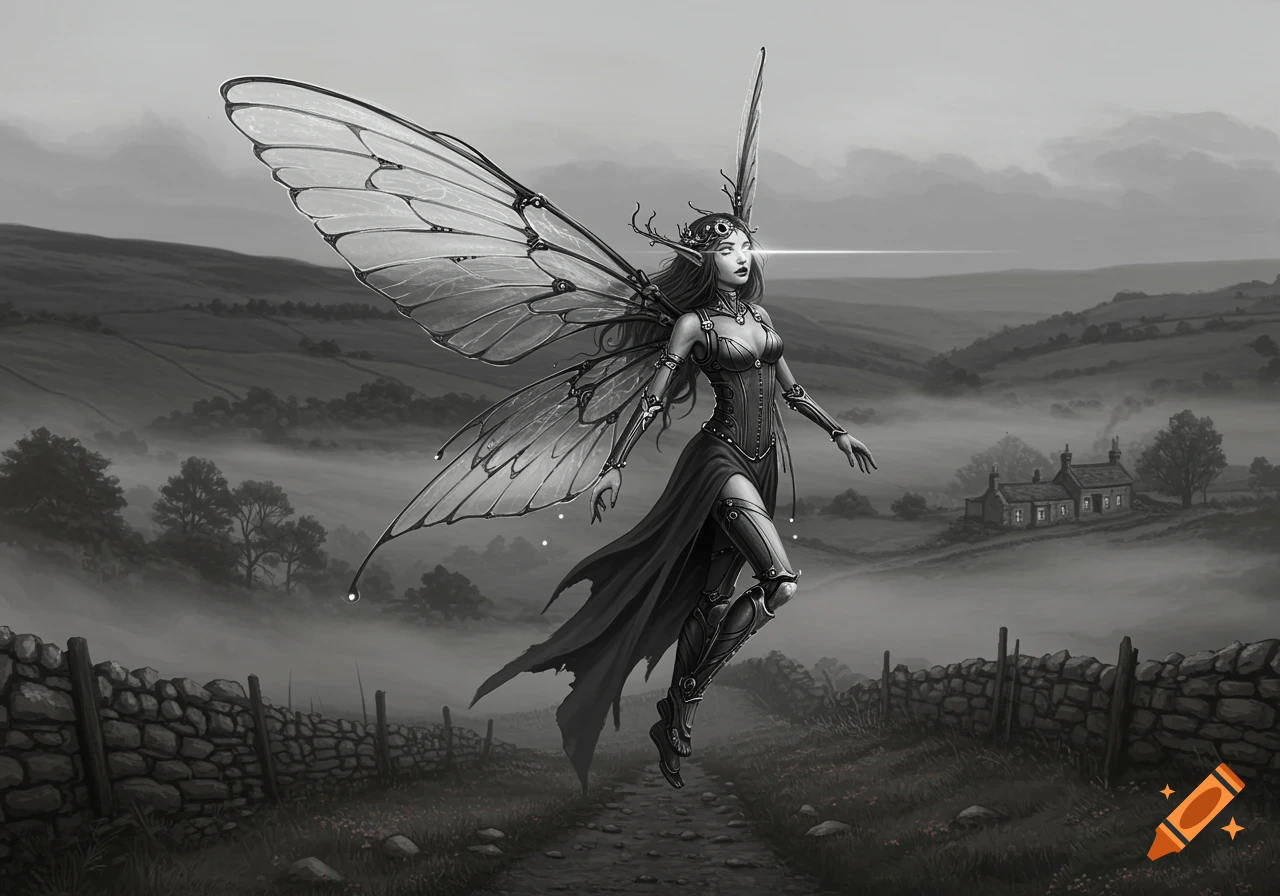 Black and white image of a biomechanical fairy floating above a misty rural path with stone walls and distant houses.