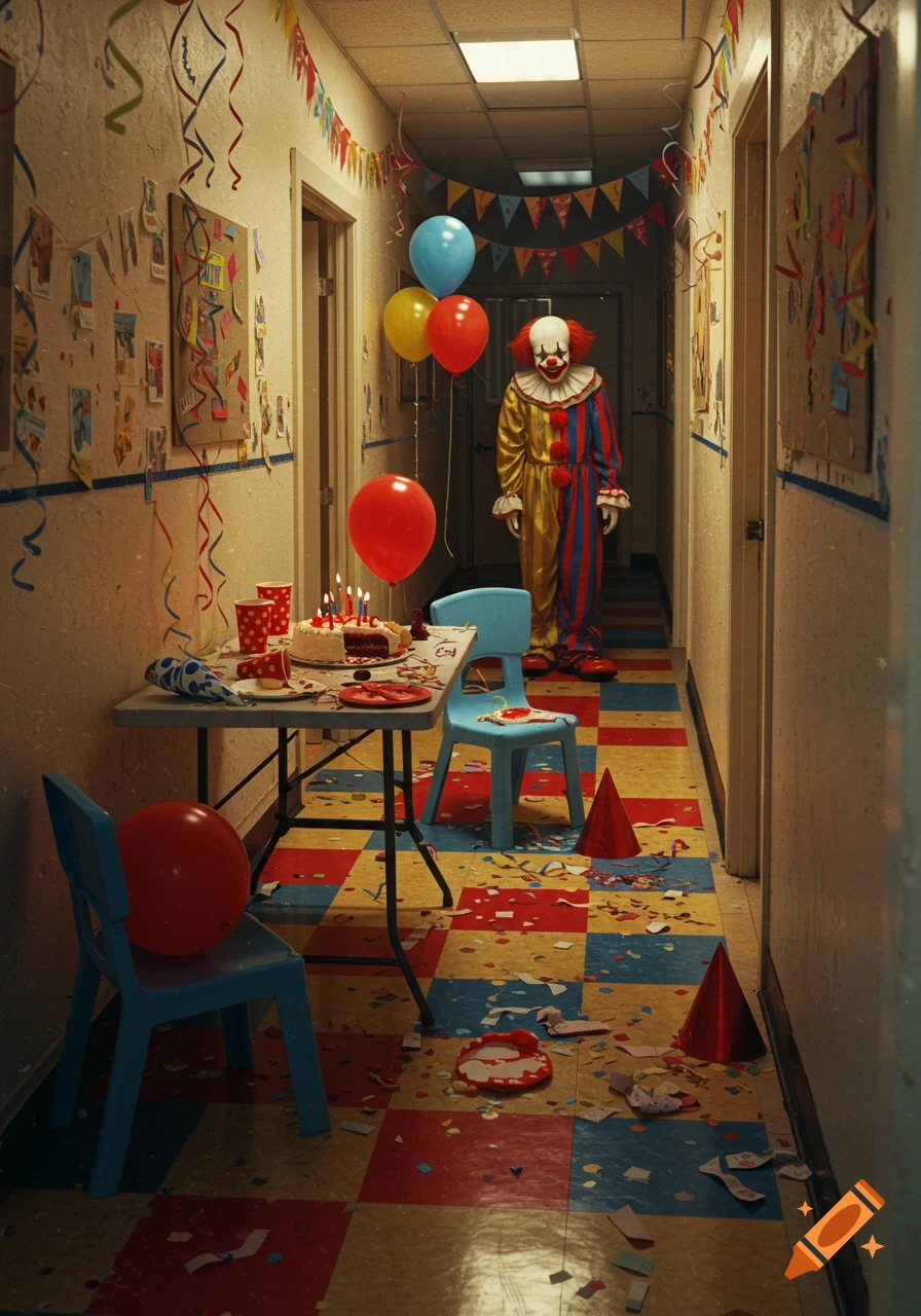 An eerie clown stands still at the end of a long, decorated hallway with a birthday table and confetti, in a semi-realistic painting style.