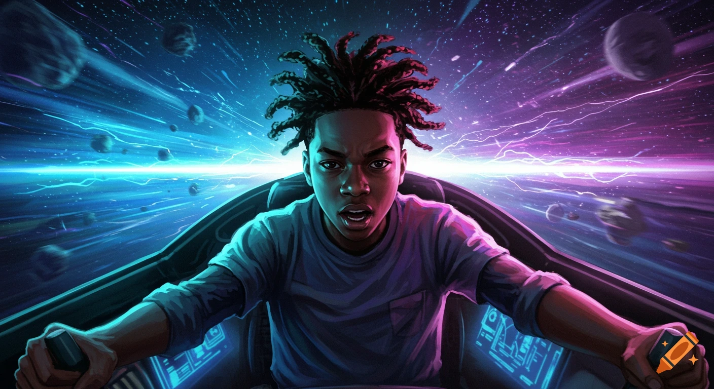 A young person with dreadlocks in a futuristic spaceship hurtling through a vibrant blue and purple cosmic backdrop, looking intensely forward.