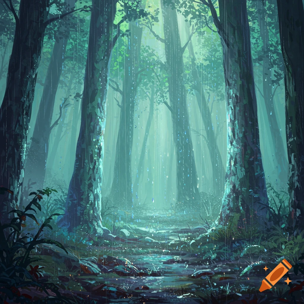 A stylized, ethereal dark green forest in heavy rain, with sunlight shafts and glowing particles on the ground and trees.