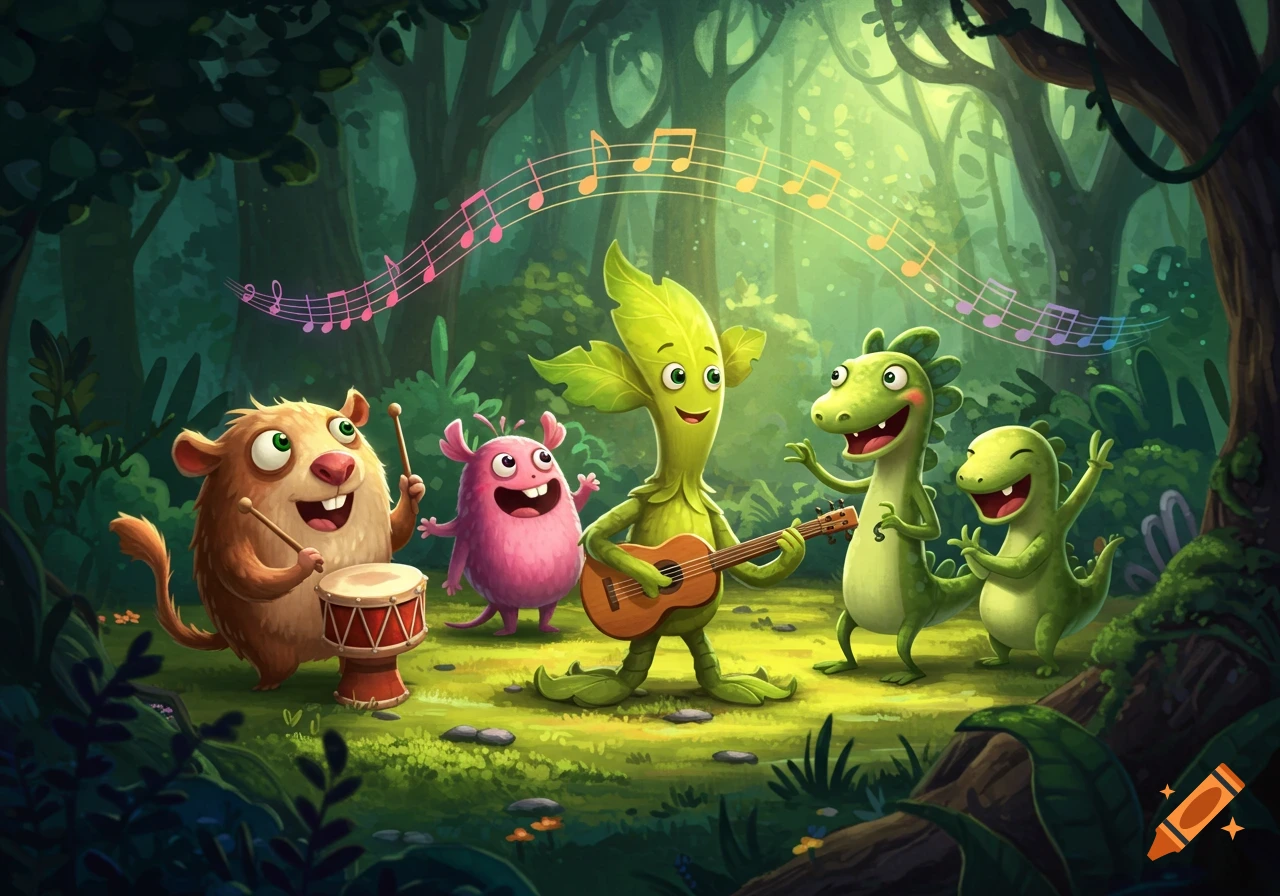 Five cheerful cartoon monsters play music together in a vibrant, sunlit forest. One plays a drum, another a ukulele, while others dance.