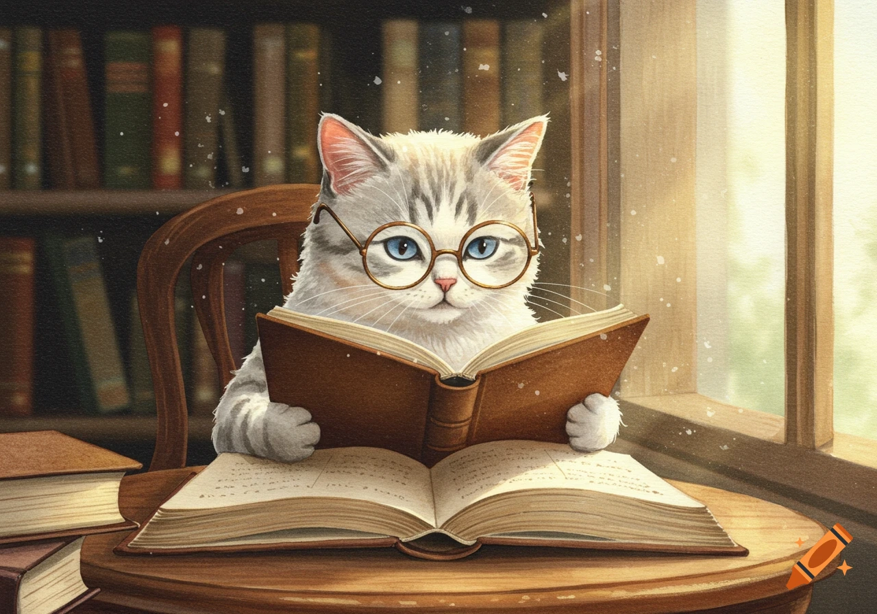 A cute watercolor painting of a grey and white cat wearing glasses, reading an open book in a library.