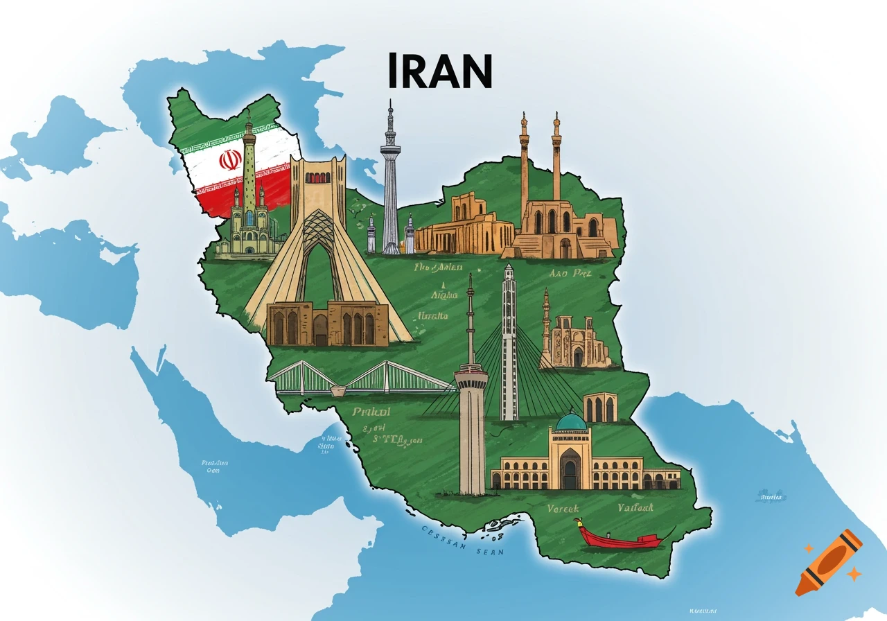 An illustrated map of Iran with various famous landmarks inside its borders, including the Azadi Tower, Milad Tower, and historical sites, against a blue and white background.
