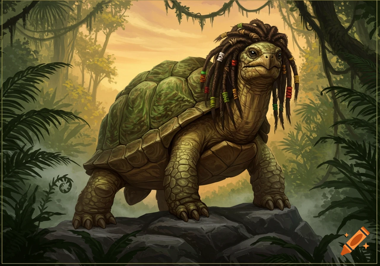 A fantasy tortle with dreadlocks and colorful beads stands on rocks in a lush jungle.
