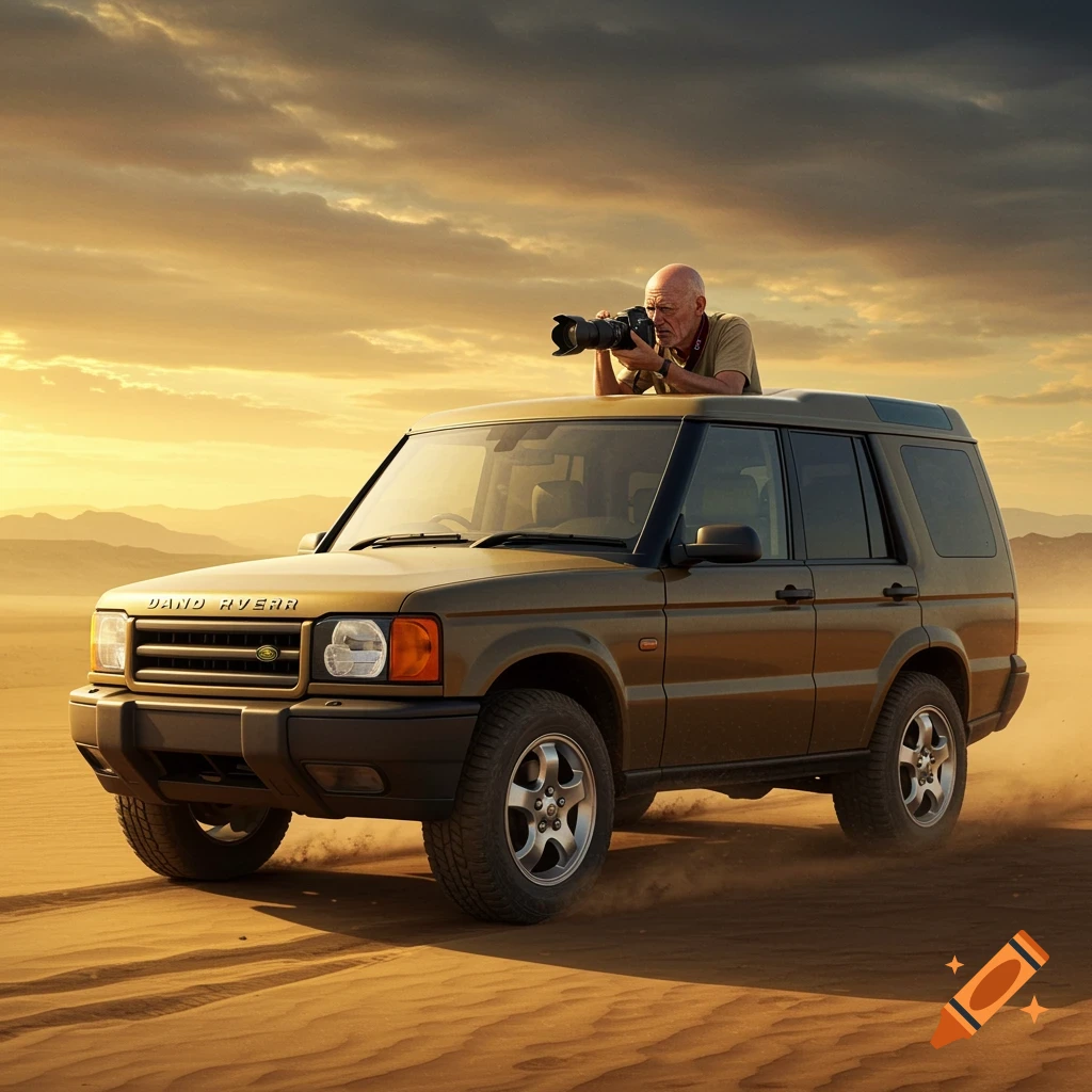An old bald man takes photos from the roof of a Land Rover driving through a desert at sunset.