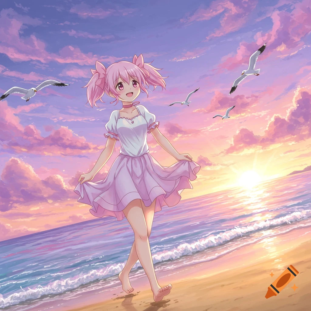 An anime girl with pink pigtails walks barefoot on a sandy beach at sunset, with seagulls flying above.
