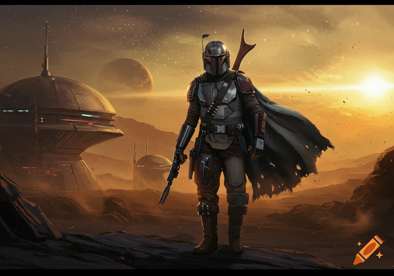 A lone bounty hunter similar to The Mandalorian stands on a rocky alien planet at sunset, with futuristic buildings and a large moon in the background.