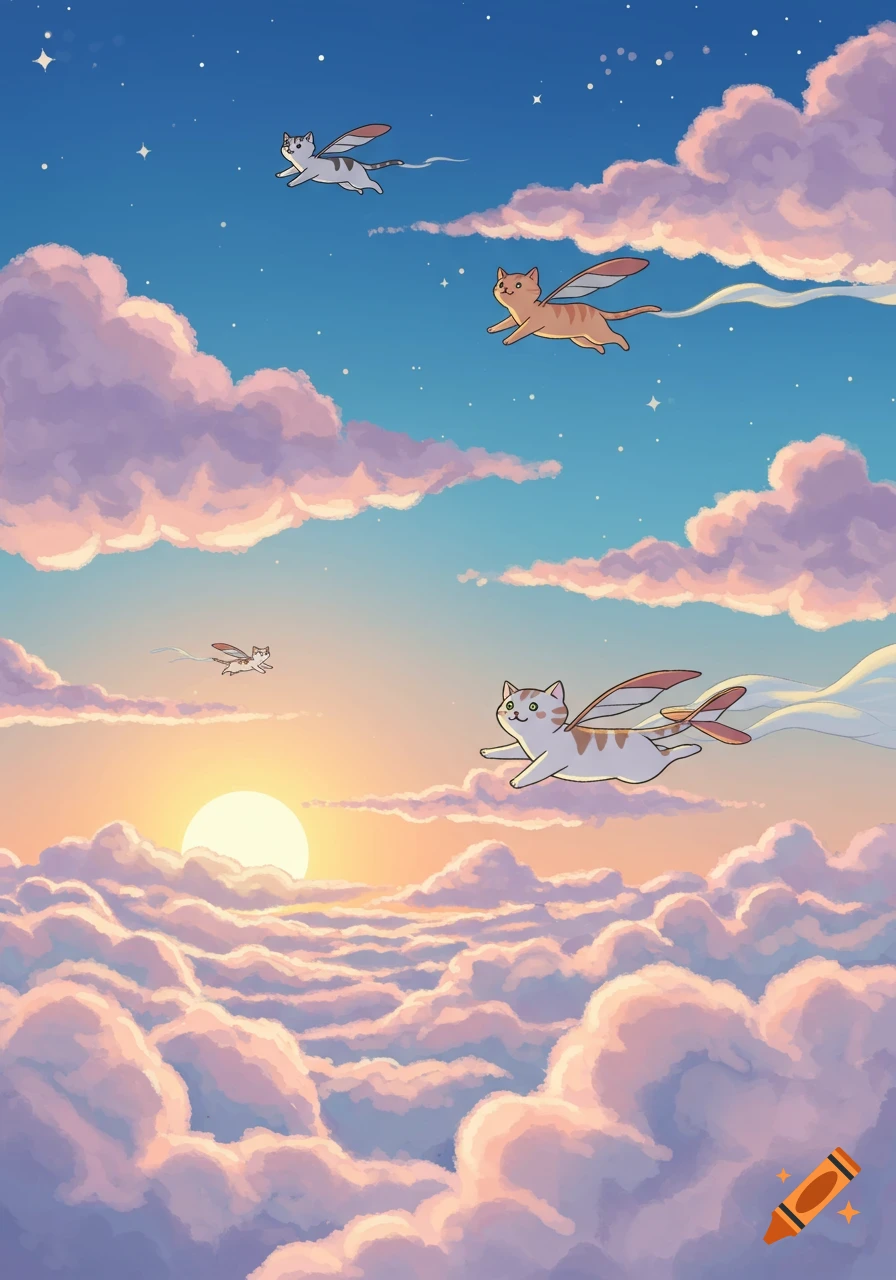 Cartoon cats with small wings fly through a sky filled with fluffy pink and purple clouds, with a bright sun on the horizon.