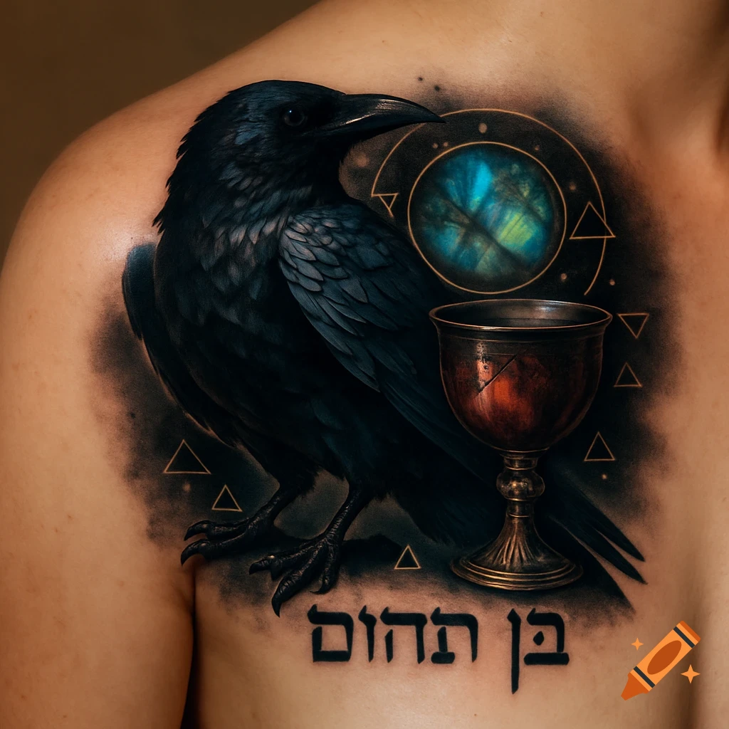 A realistic shoulder tattoo of a black raven, a glowing blue orb, a red goblet, and Hebrew text.