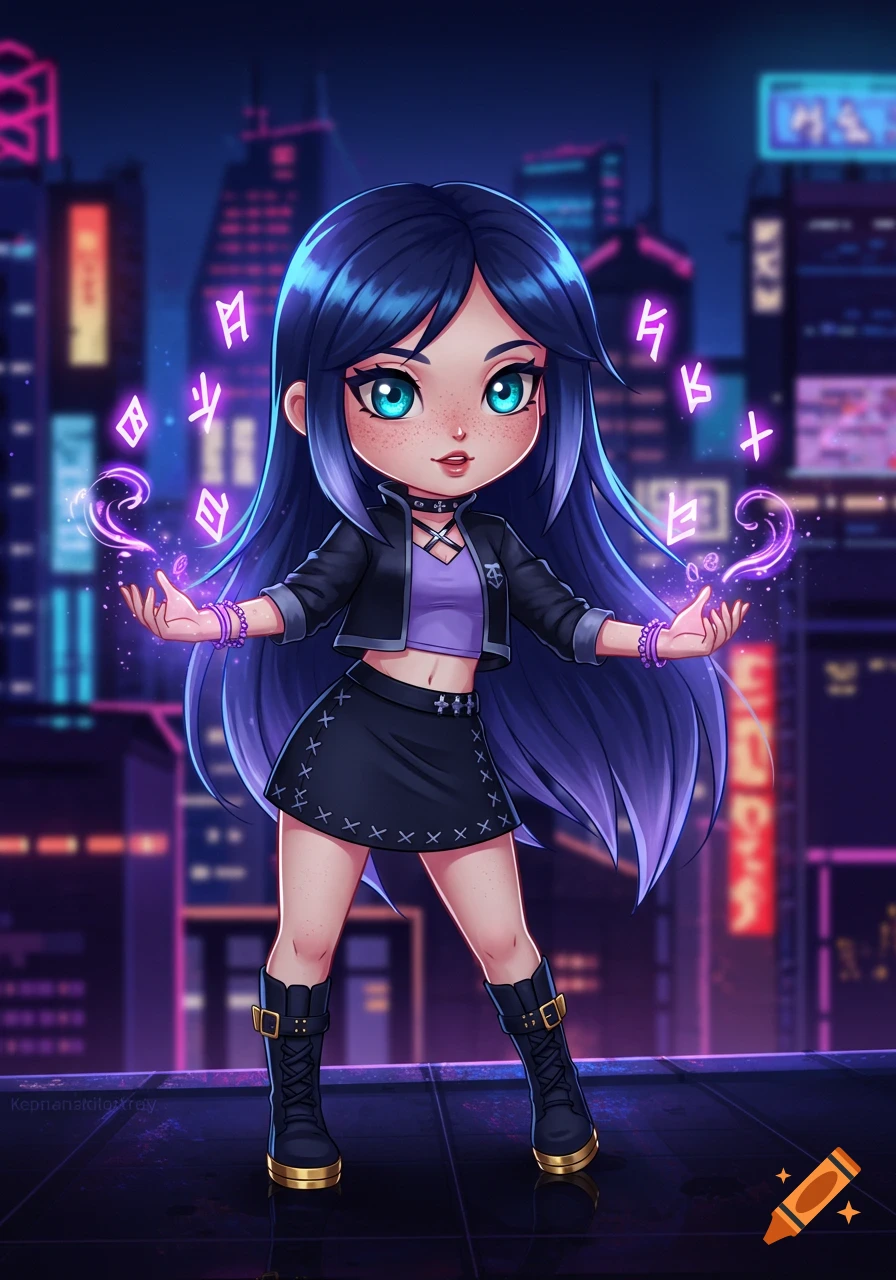 A stylized animated chibi girl with dark blue hair and teal-blue eyes stands on a neon-lit rooftop, casting a spell with glowing runes and purple energy swirls around her hands.