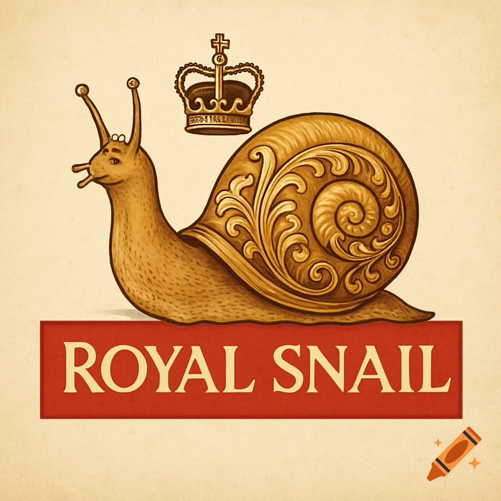 A vintage-style logo featuring a brown snail with a golden, ornate shell and a crown, standing on a red banner with "ROYAL SNAIL" text.
