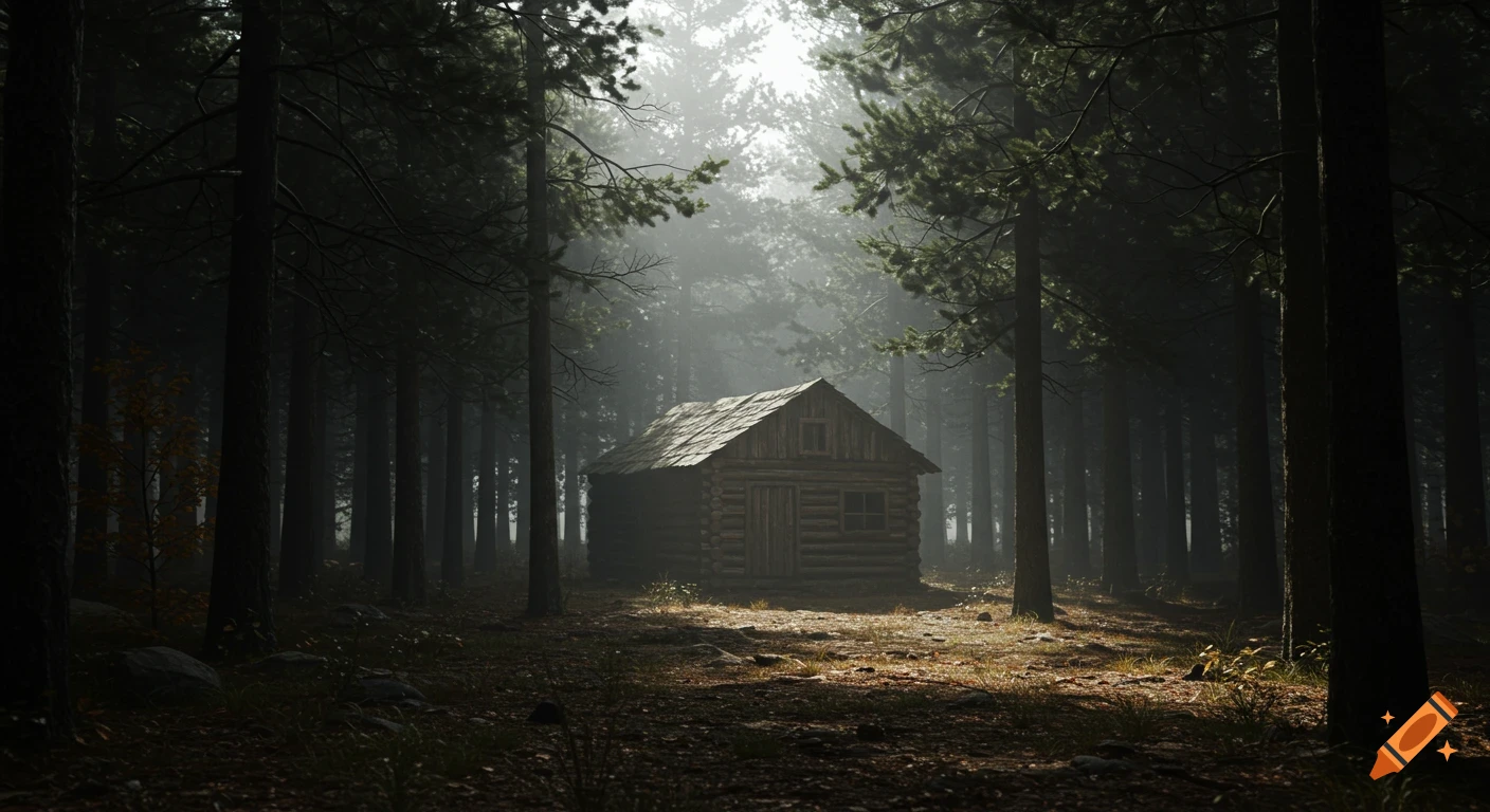 A rustic wooden cabin nestled deep within a dense, dark evergreen forest, with an overcast, gloomy atmosphere.