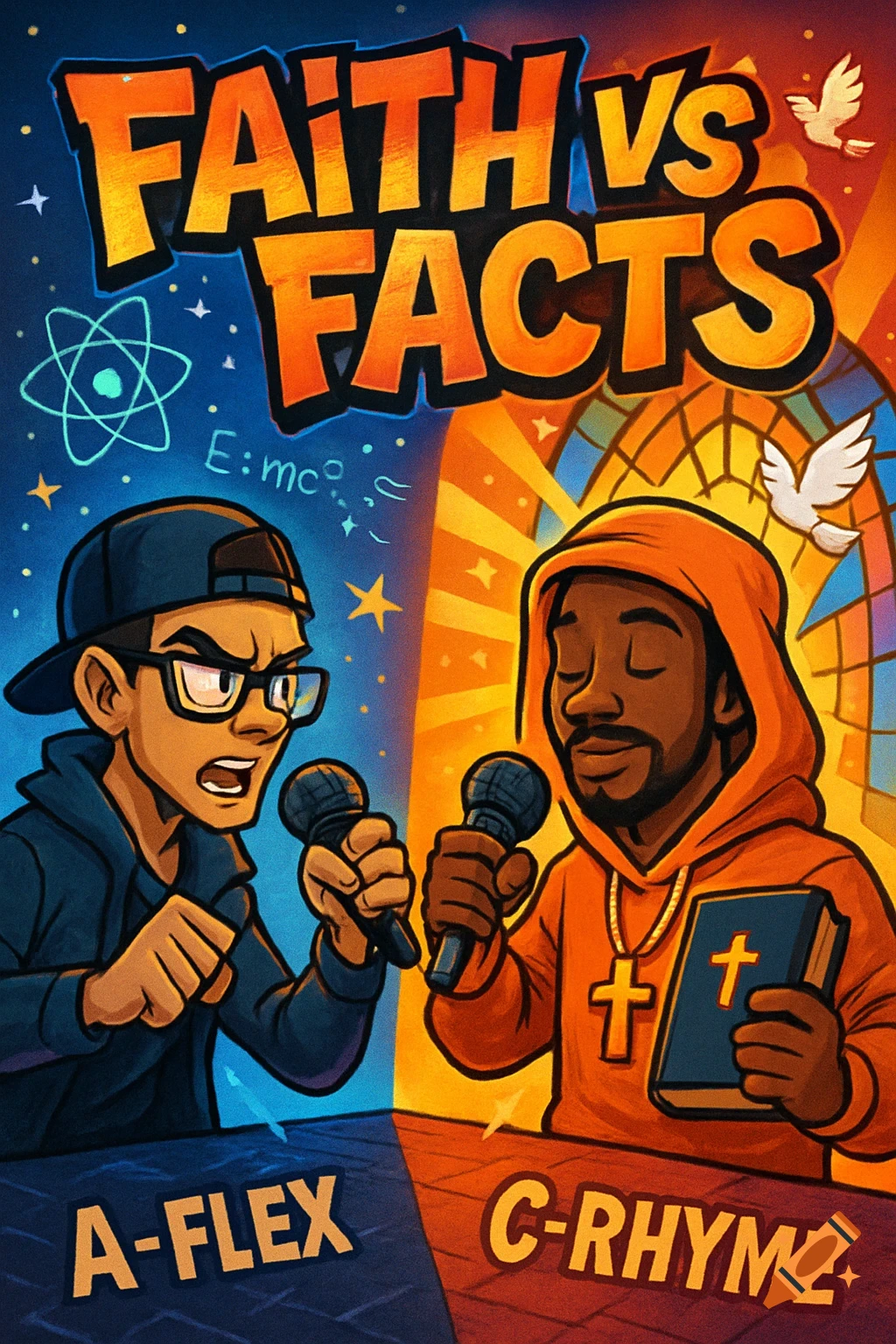 Cartoon rap album cover depicting 'Faith vs. Facts' with two male rappers, one scientific and one religious, facing off with microphones.