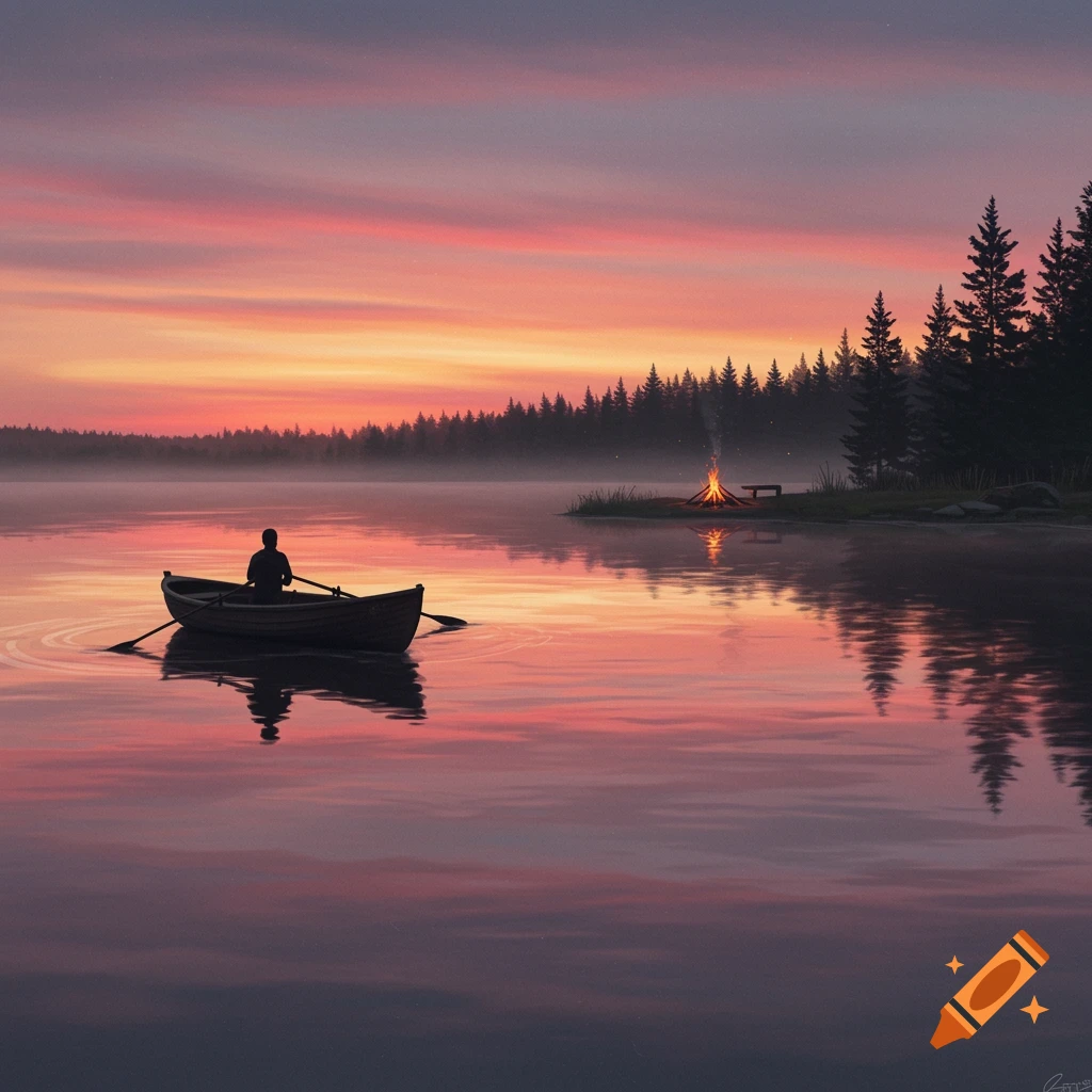 A silhouette of a person rowing a boat on a calm lake at sunset, with a campfire burning on the distant shore and pine trees in the background.