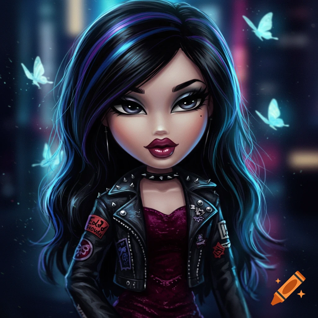 A cartoon-style Bratz-like doll with long black hair with blue and purple streaks, dark makeup, wearing a studded black leather jacket and a purple dress, with glowing blue butterflies around her.