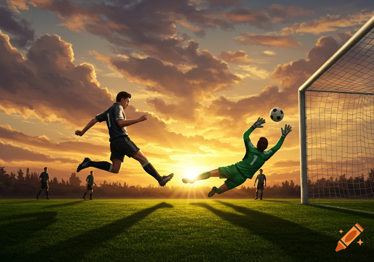 A soccer player kicks a ball towards a goal while the goalkeeper dives to block it, with a vibrant sunset in the background.