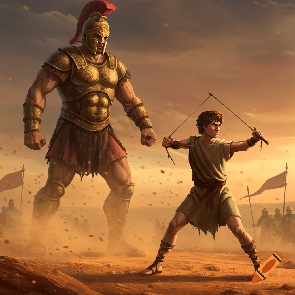 An epic illustration of David preparing to sling a stone at the towering armored Goliath on a dusty battlefield.